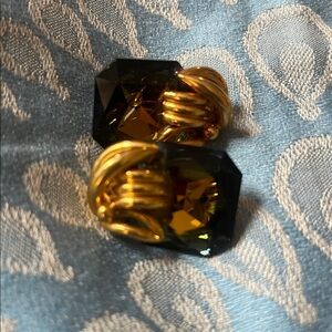 Vintage Faceted Smoky Glass and Gold Clip-On Earrings